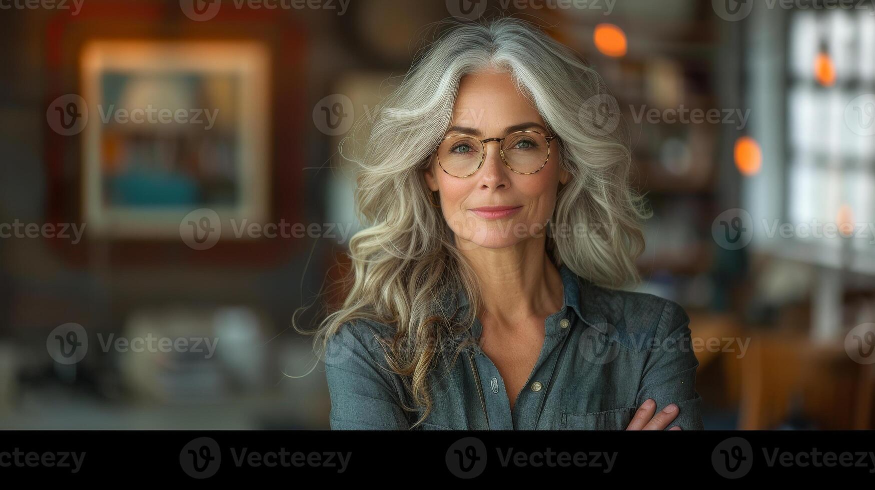 AI Generated A confident style mature middle aged woman in a home office is smiling confidently. A senior businesswoman, 60s grayhaired woman looking at the camera with arms crossed. photo