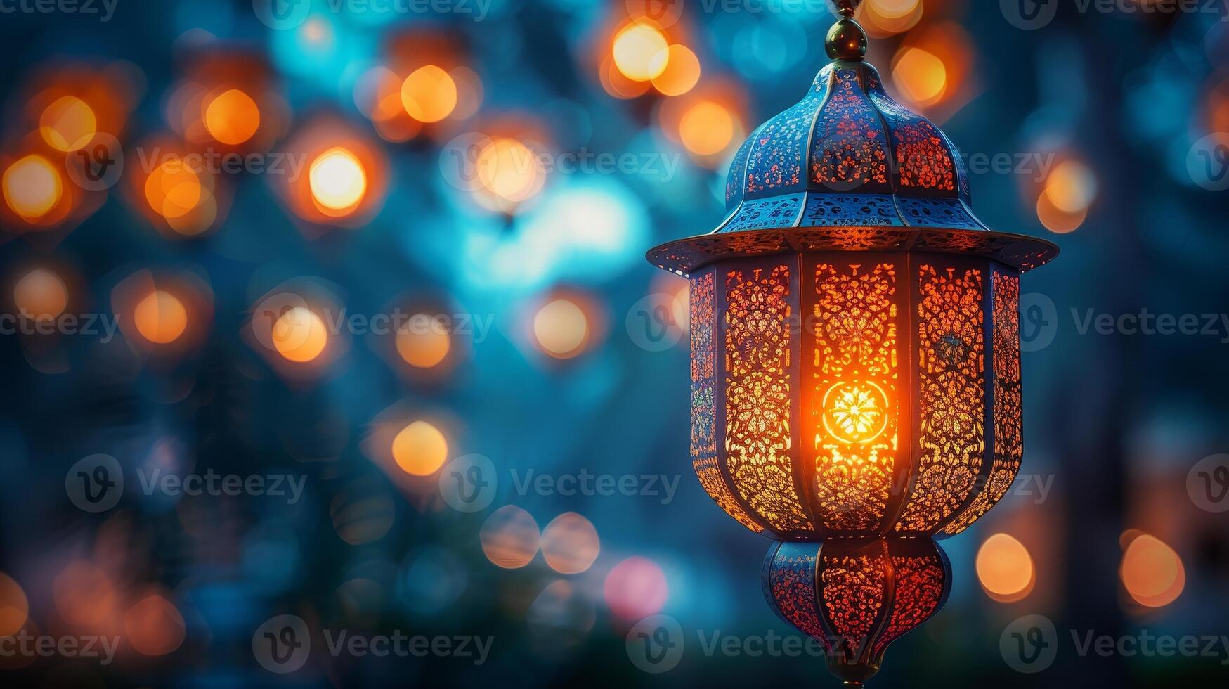 AI Generated Id ul Fitr - Ramadan Kareem - Moon And Arabian Lantern In The Night With Abstract Defocused Lights photo