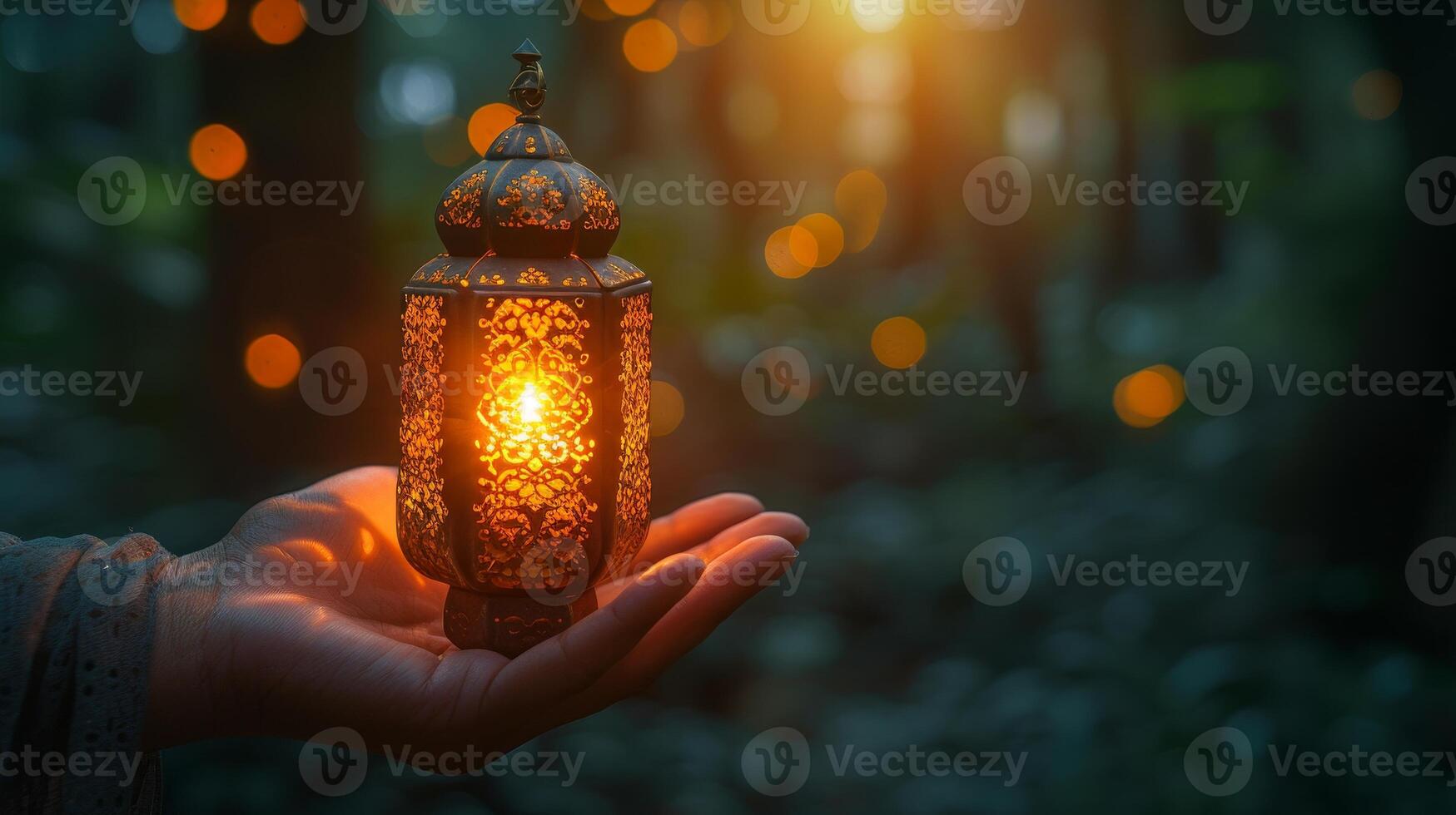 AI Generated An ornamental Arabic lantern with a burning candle in hand in celebration of Ramadan Kareem. This greeting card is a festive invitation to celebrate this holy month for Muslims. photo