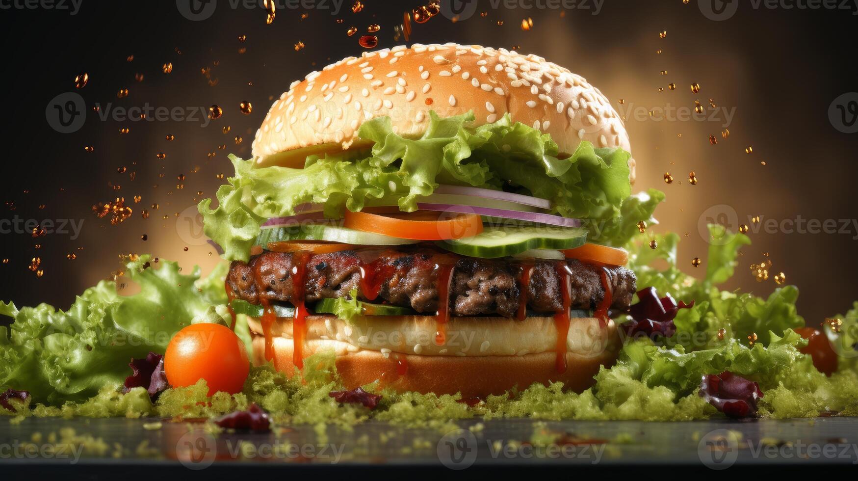 AI Generated An advertisement of a delicious burger with floating ingredients on a white background. photo