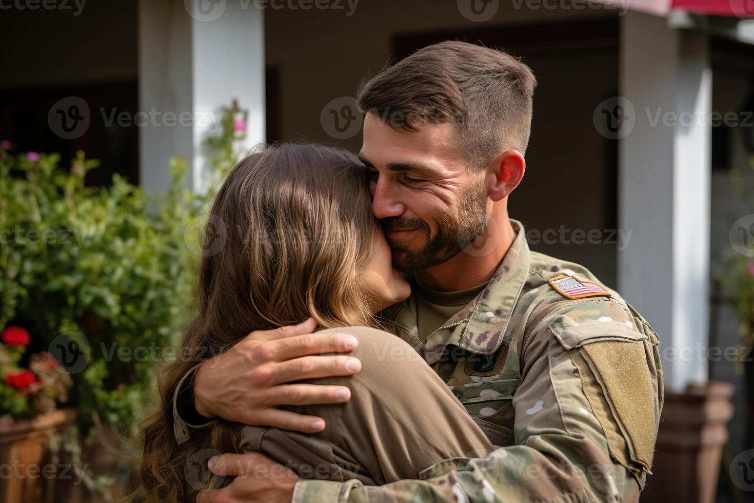 ai generado contento americano soldado reunidos con familia foto