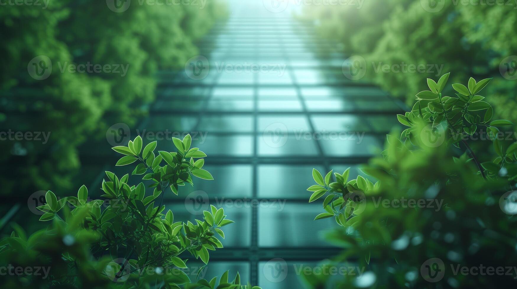 AI Generated Modern city green building with green tree branches and leaves and a carbon dioxide-reducing glass building. Go green concept for office buildings. photo