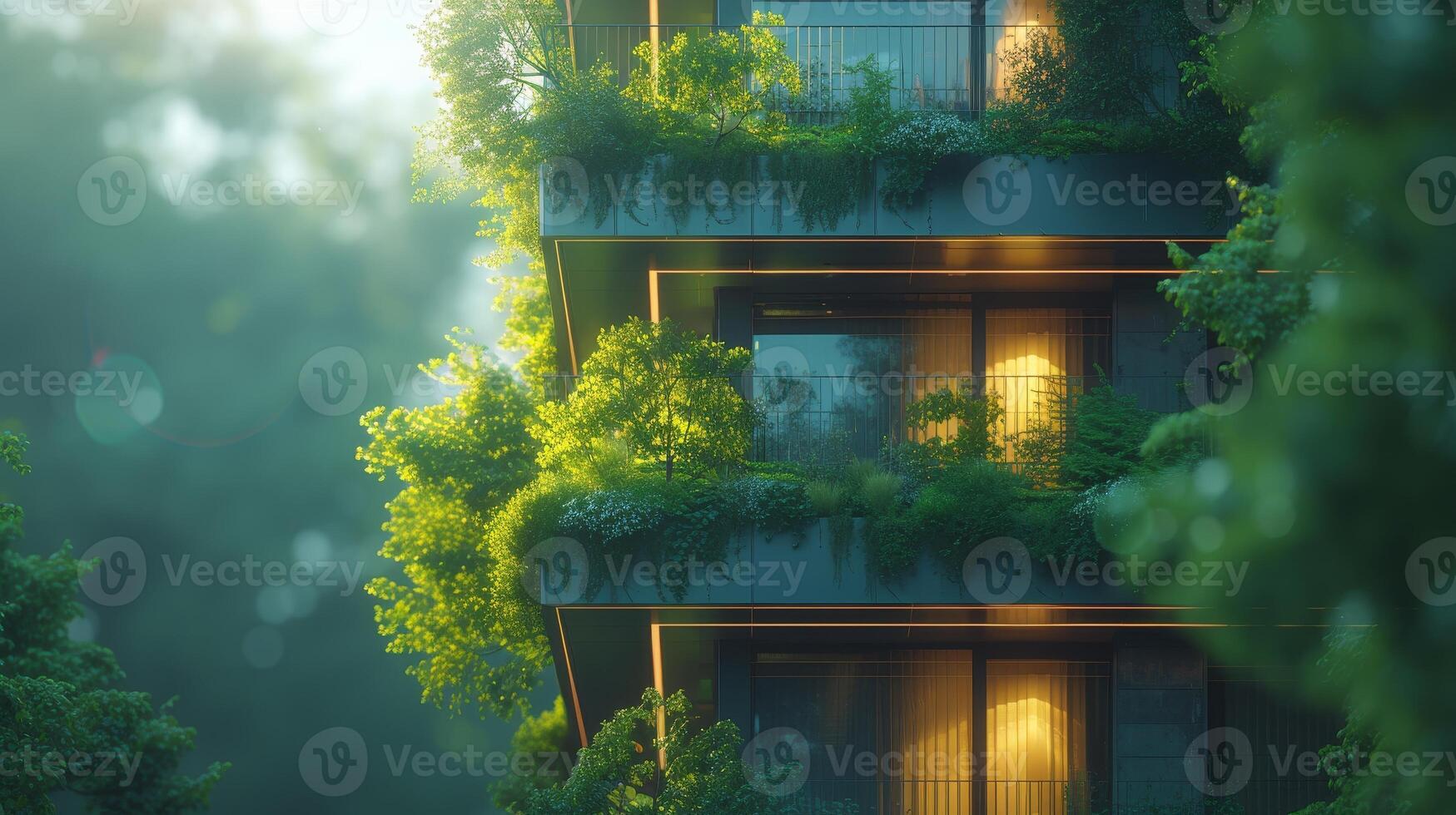 AI Generated Building with green environment, tree forest, and vertical garden in modern city. Sustainable glass building with green environment. Go green concept for office building. photo