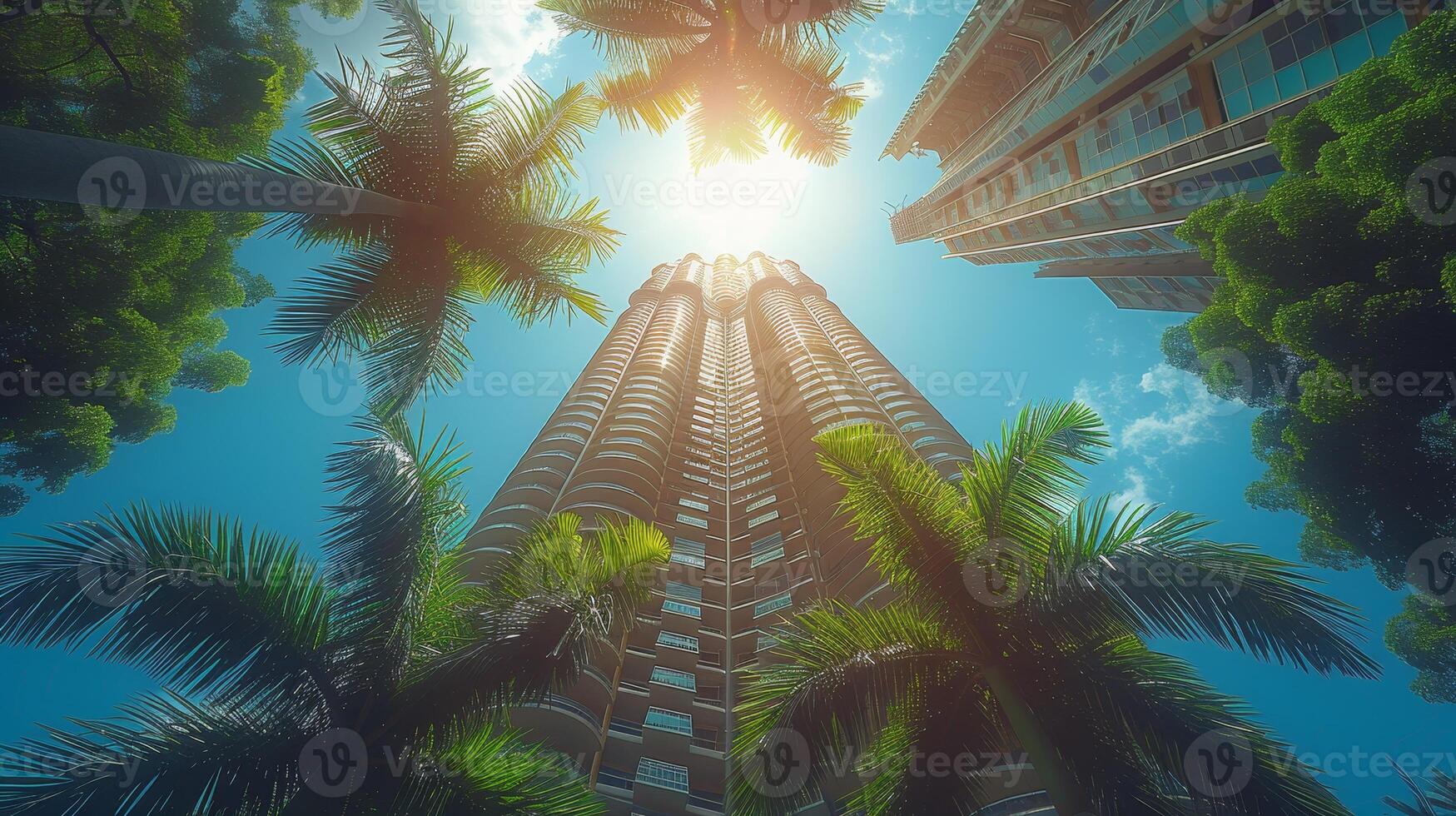 AI Generated A low angle fish eye shot of Singapore's Garden City Skyscraper photo