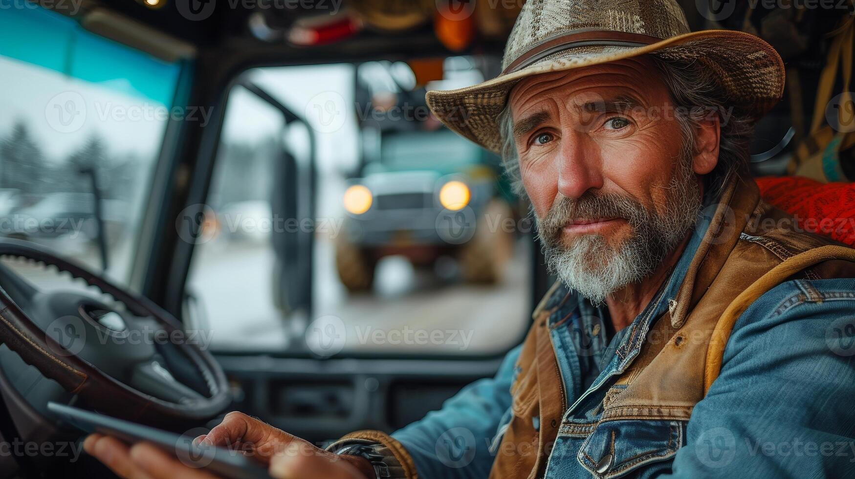 AI Generated In the sunshine, a mature farmer sits in a tractor using a tablet computer photo