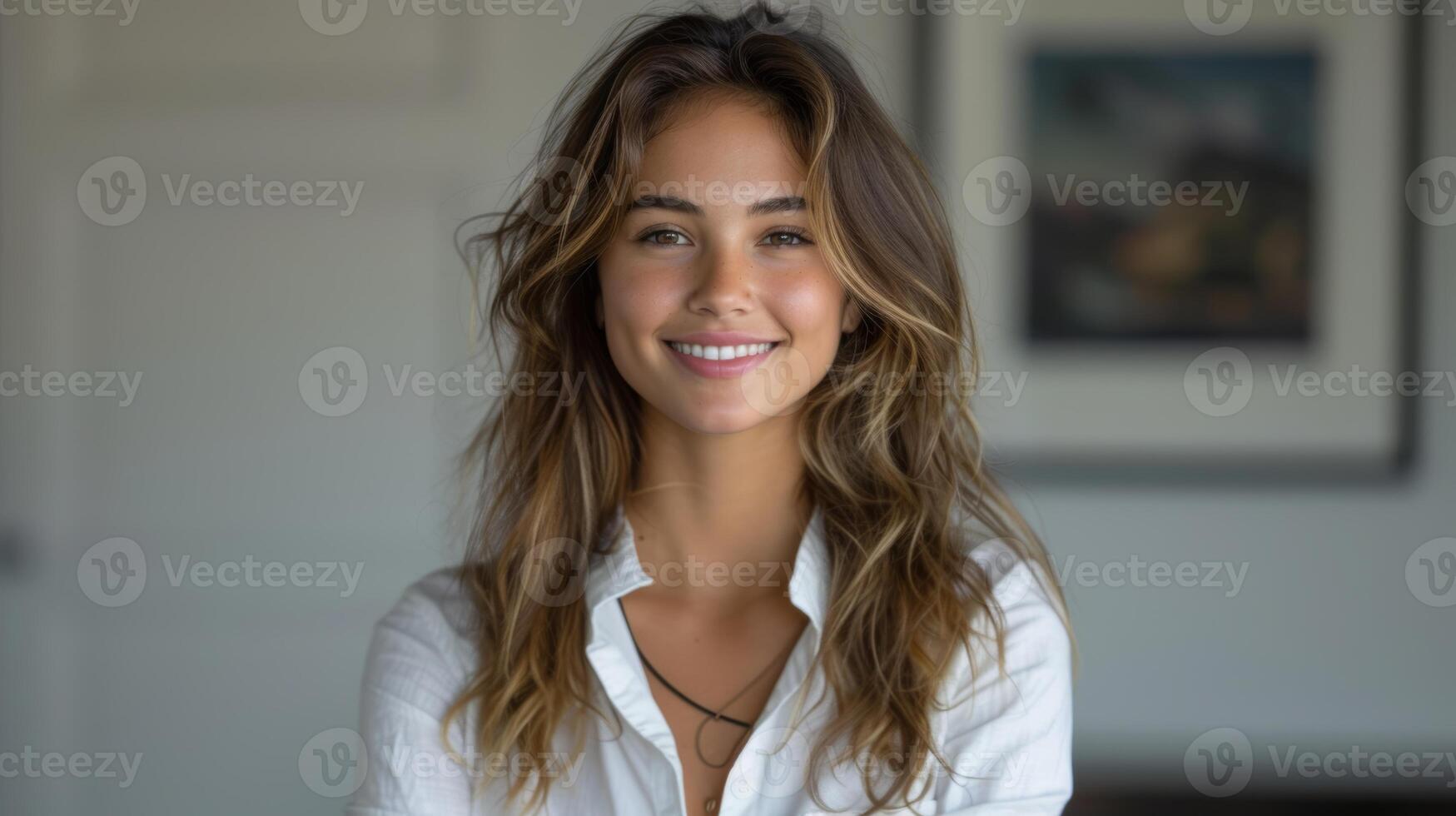 AI Generated Student brunette smiling confidently with hands folded, on white background, in white button-up shirt photo