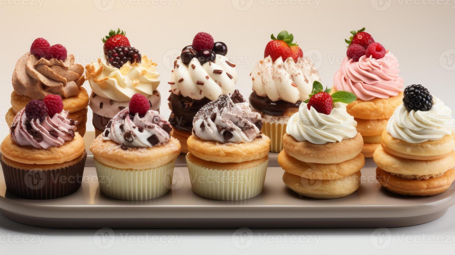 AI Generated Desserts and sweets in a bakery, isolated on white background. Apple pie, chocolate chip cookies, cream puffs, red velvet cake, cupcakes. Bakery food set and collection. photo