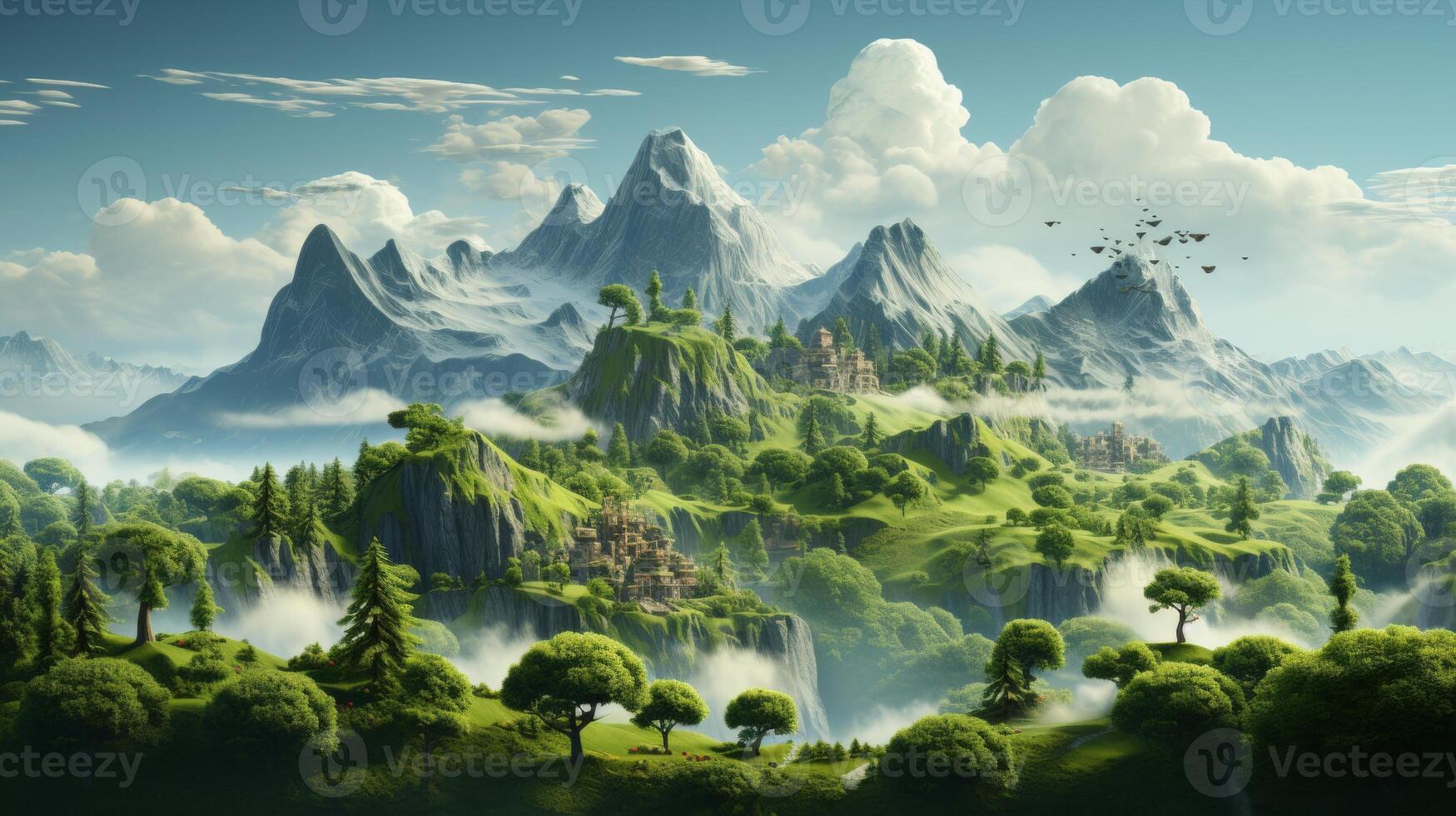 AI Generated 3D illustration of fantasy floating island surface with mountains, trees, and animals on green grass isolated with clouds, 3D illustration of flying land with beautiful landscape on white photo