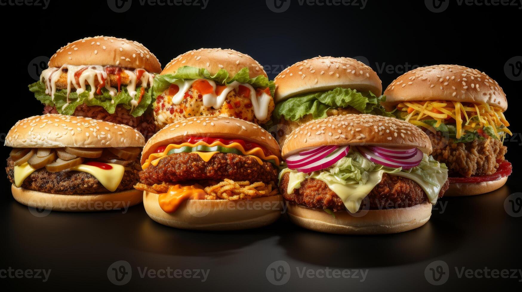 AI Generated This collection of fast food dishes is isolated on a white background. It includes burgers, meats, shawarma, sandwiches, pizzas, tacos, chicken nuggets, hotdogs, and taco shells. photo