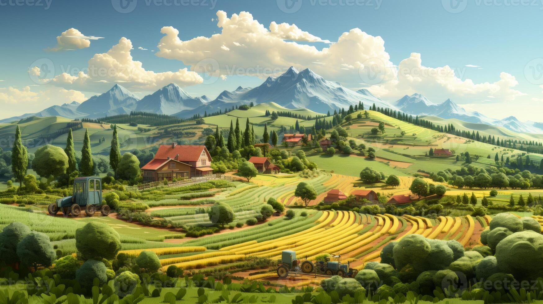 AI Generated Cross section of wheat farm isolated with tractor and clouds. Beautiful farm landscape view. Smart farming advertisement design isolated. photo