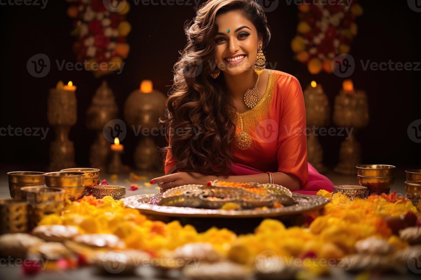 AI Generated Beautiful woman prepares for Diwali celebration photo