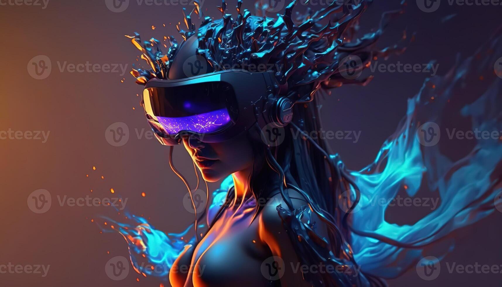 AI Generated Metaverse concept and virtual world elements. Silhouette of a human face in augmented or virtual reality headset, Generative AI technology photo