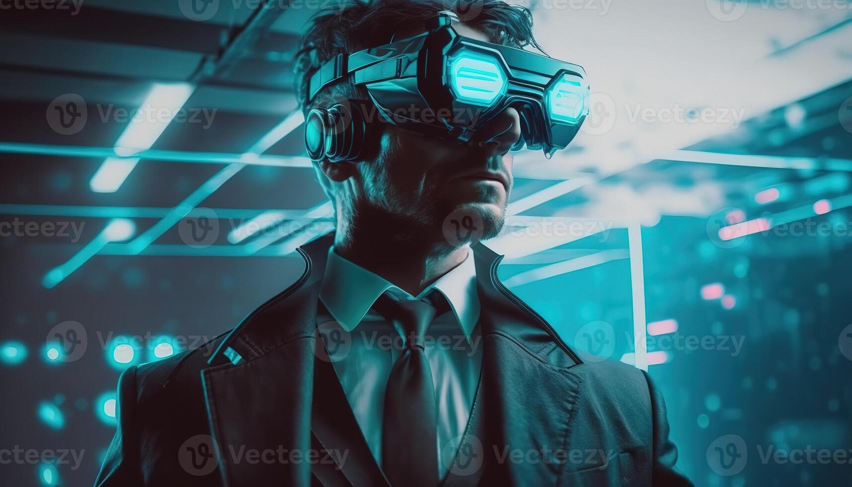 AI Generated Metaverse concept and virtual world elements. Silhouette of a human face in augmented or virtual reality headset, Generative AI technology photo