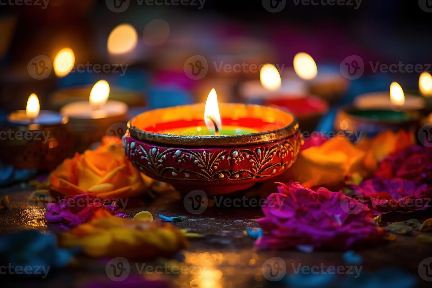 AI Generated Happy Diwali - Colorful clay diya lamps lit during diwali celebration with copy space photo