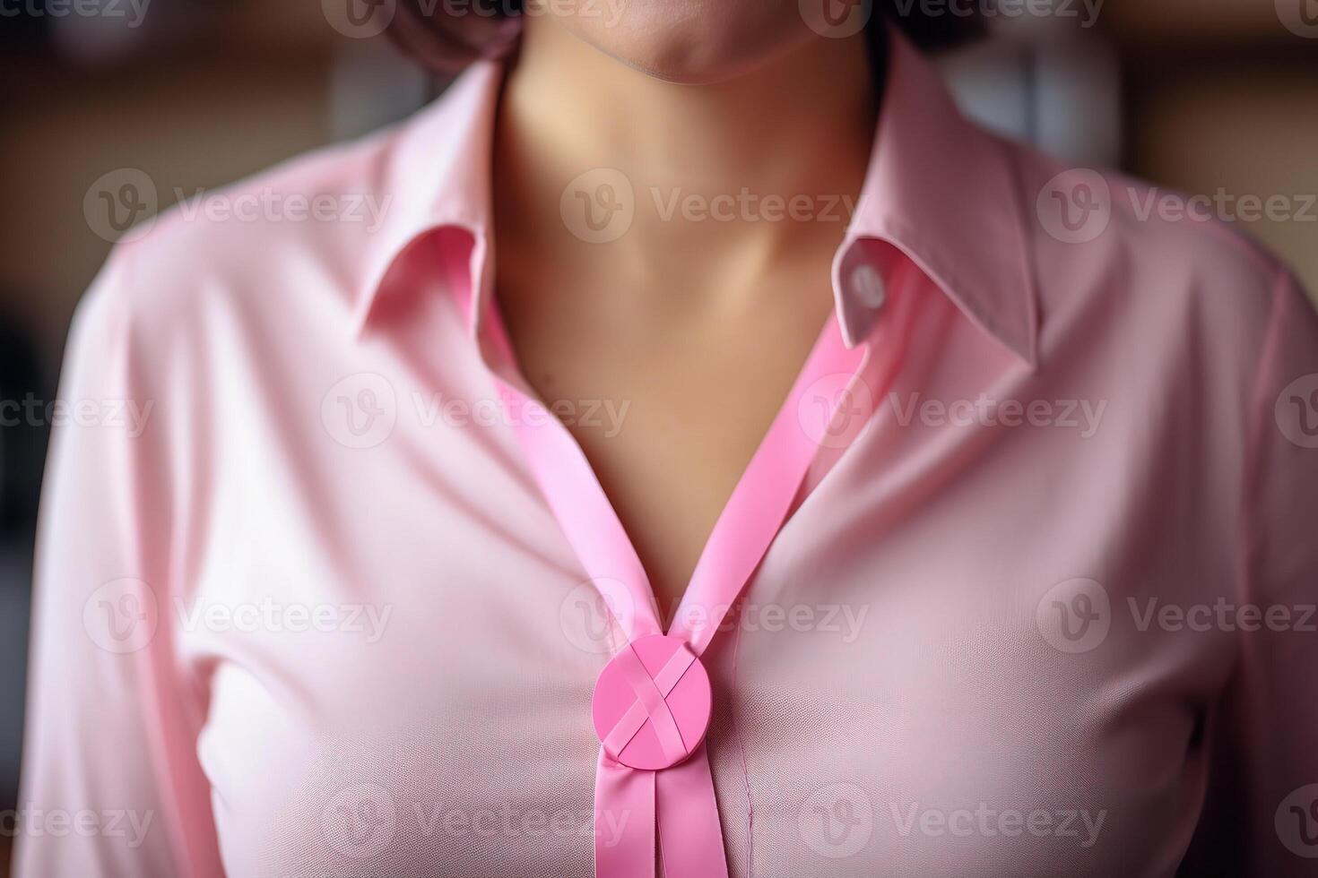 AI Generated A close-up of a pink and beige ribbon on a woman's chest in support of the causes of breast cancer. photo