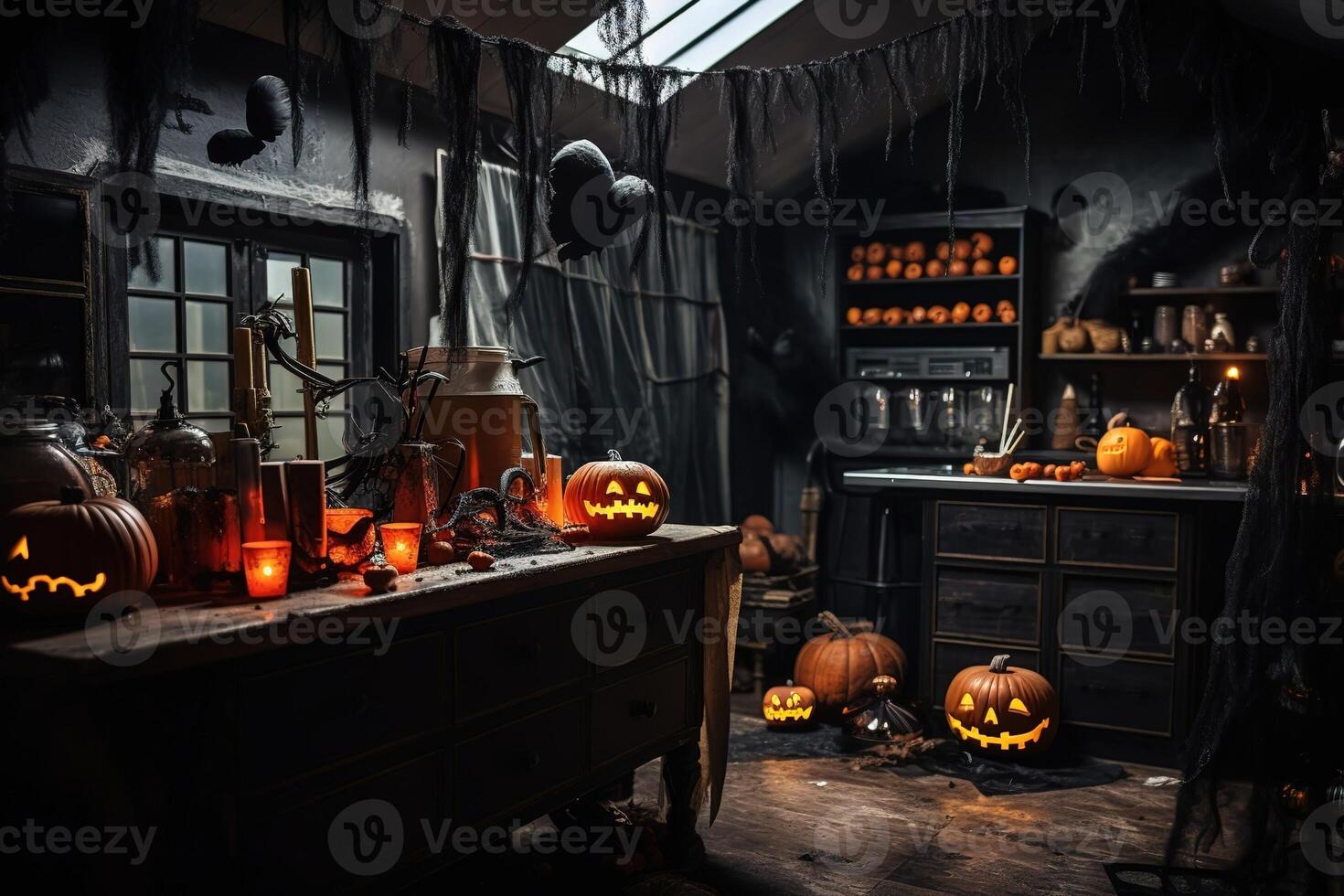 AI Generated A room decorated for Halloween with festive attributes. photo