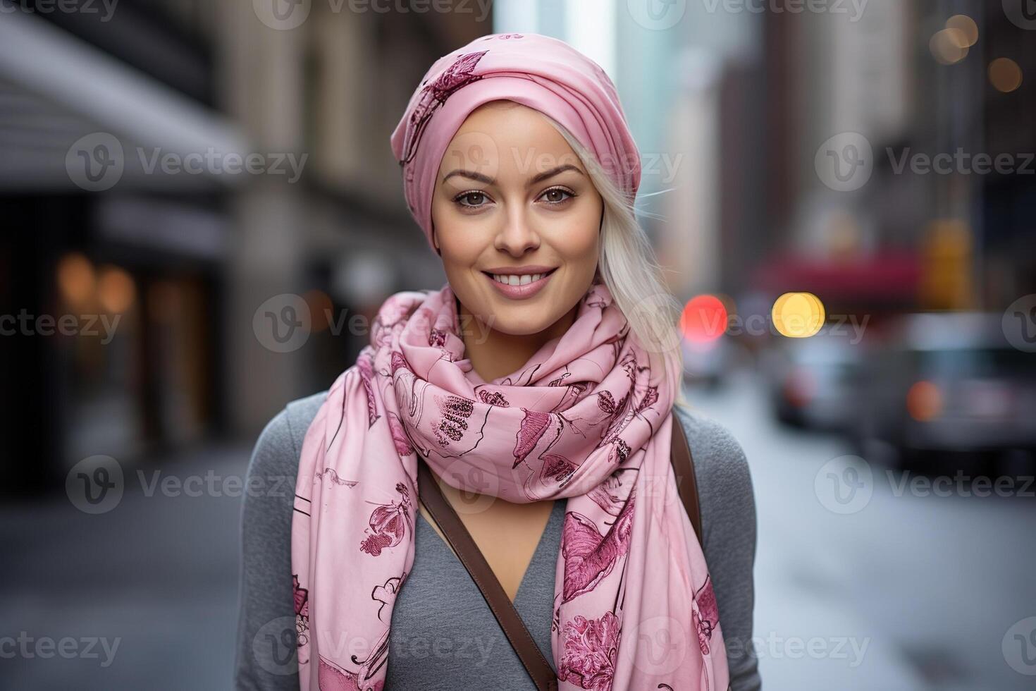 AI Generated A young beautiful woman in a pink scarf photo