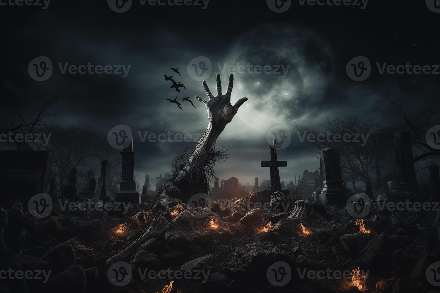 AI Generated Halloween Concept. A zombie hand rising from the ground photo