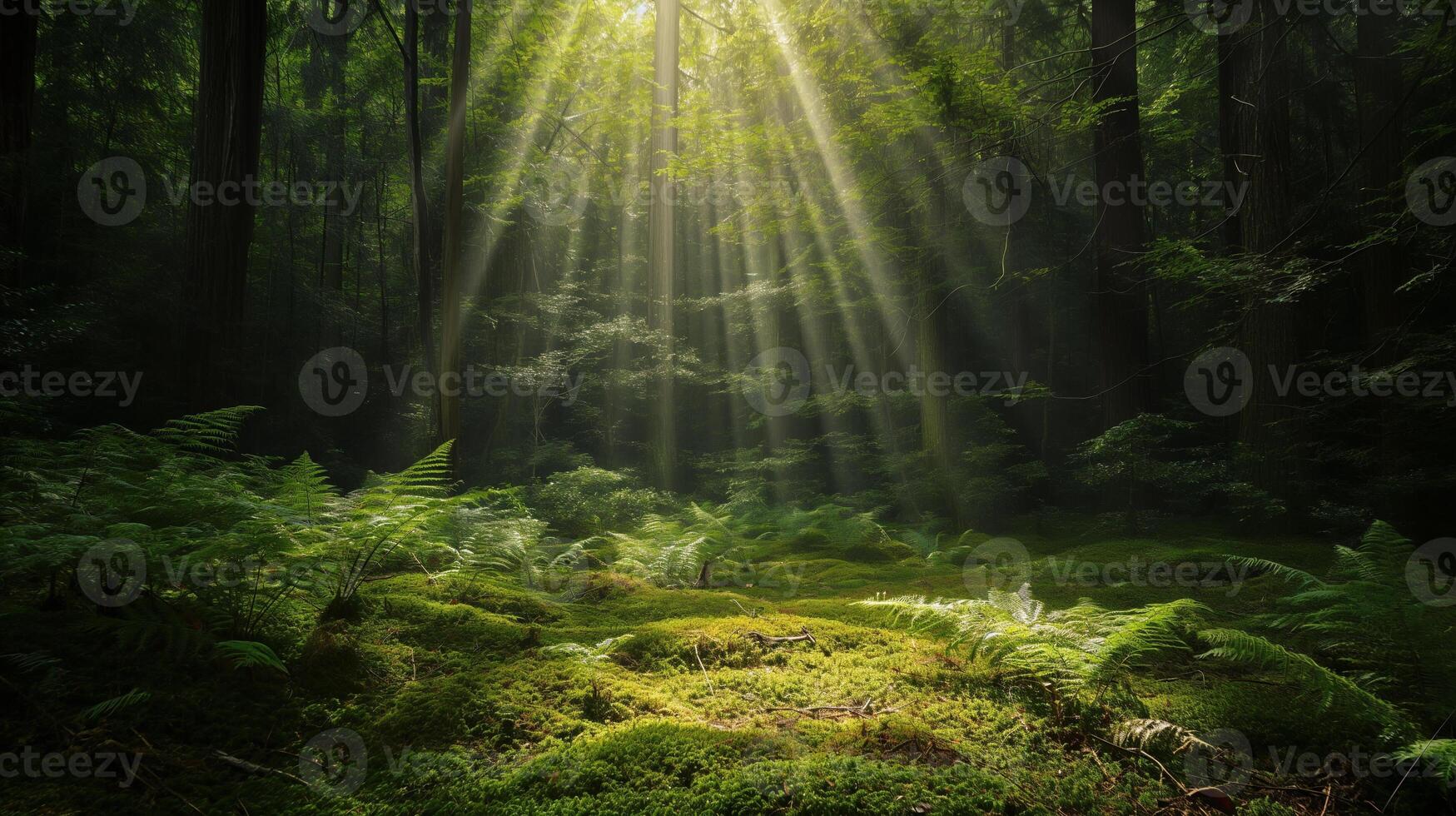 AI generated Majestic sunbeams filter through the tall trees of a misty, green forest, highlighting the lush ferns and mossy ground. photo