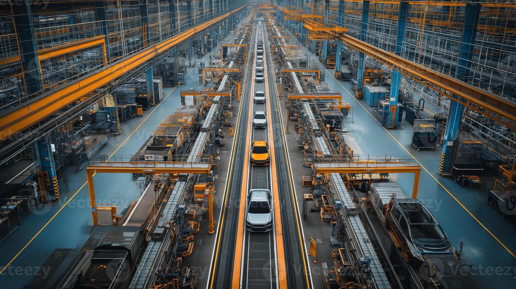 AI generated Overhead view of a streamlined car assembly line inside a contemporary vehicle factory, showcasing automation in automotive manufacturing. photo