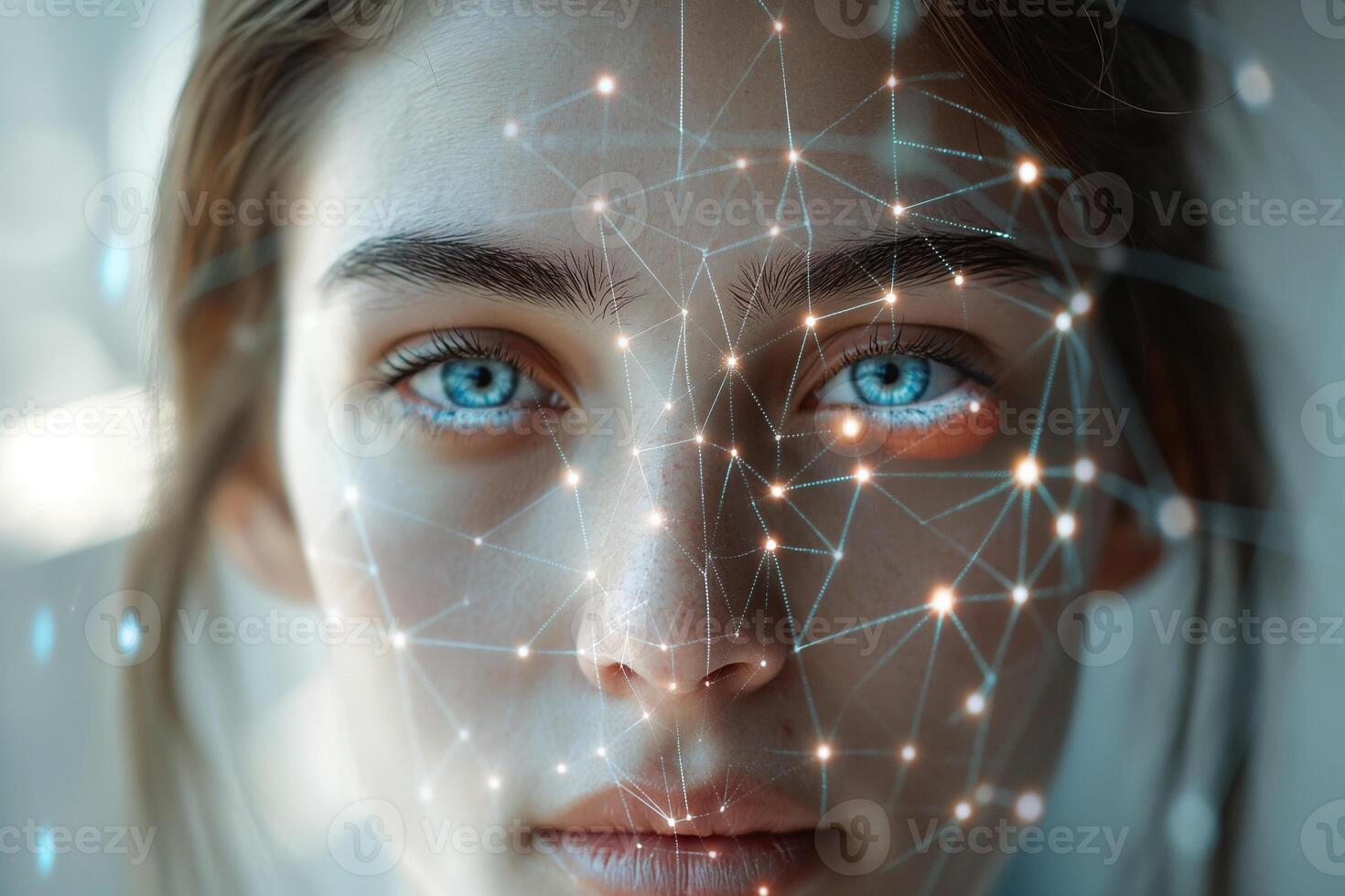 AI generated Close-up of a woman's face with digital biometric grid lines, illustrating advanced facial recognition technology. photo