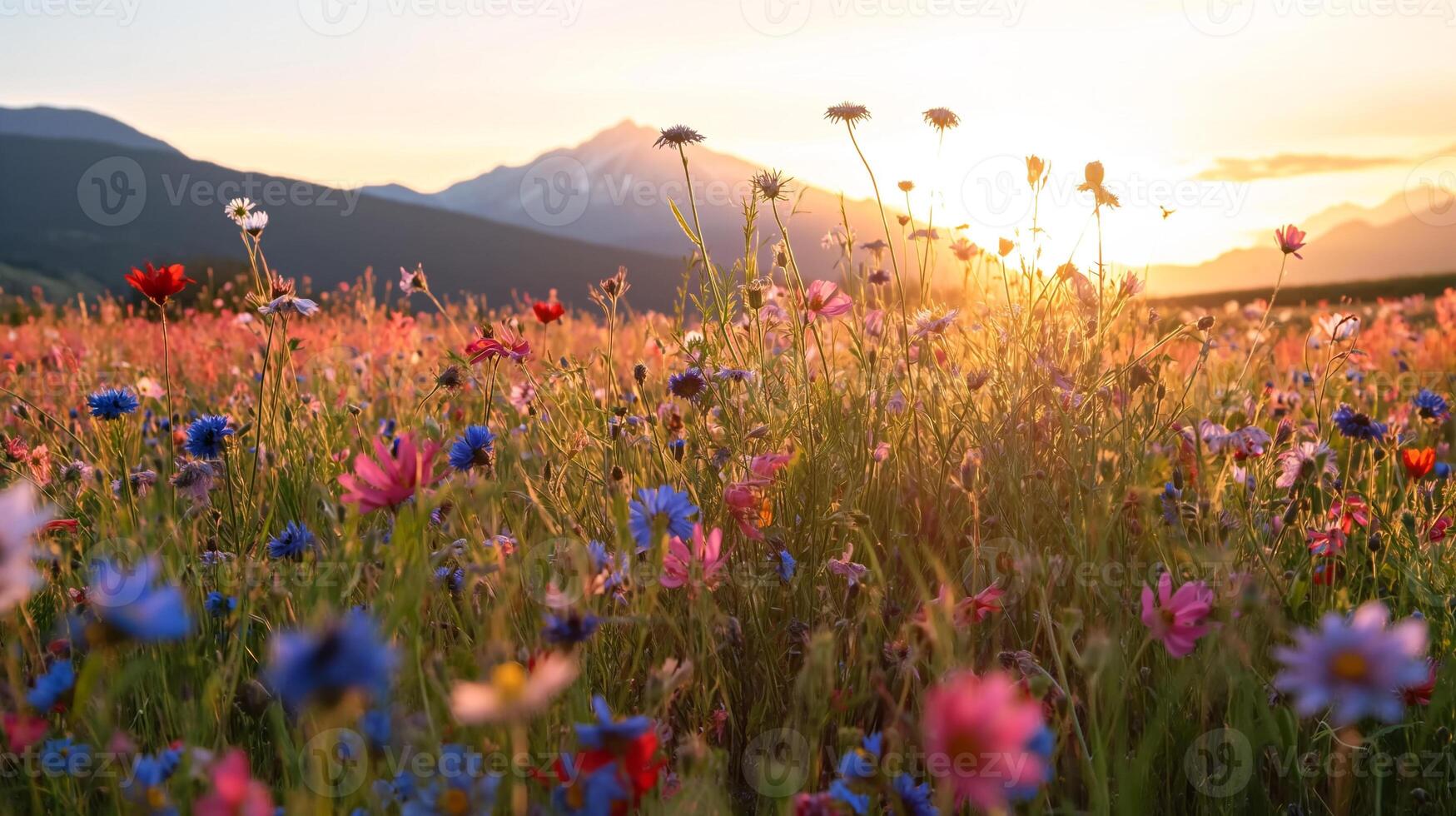 AI generated Sunset illuminates a colorful wildflower meadow with mountains in the background, creating a tranquil natural scene. photo