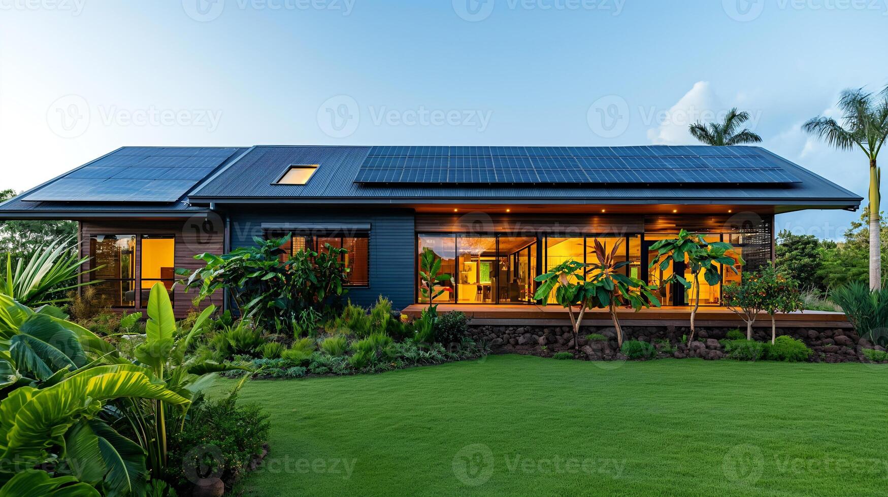 AI generated An eco-friendly modern home at dusk, featuring a lush garden and an array of solar panels on the roof, symbolizing sustainable living. photo