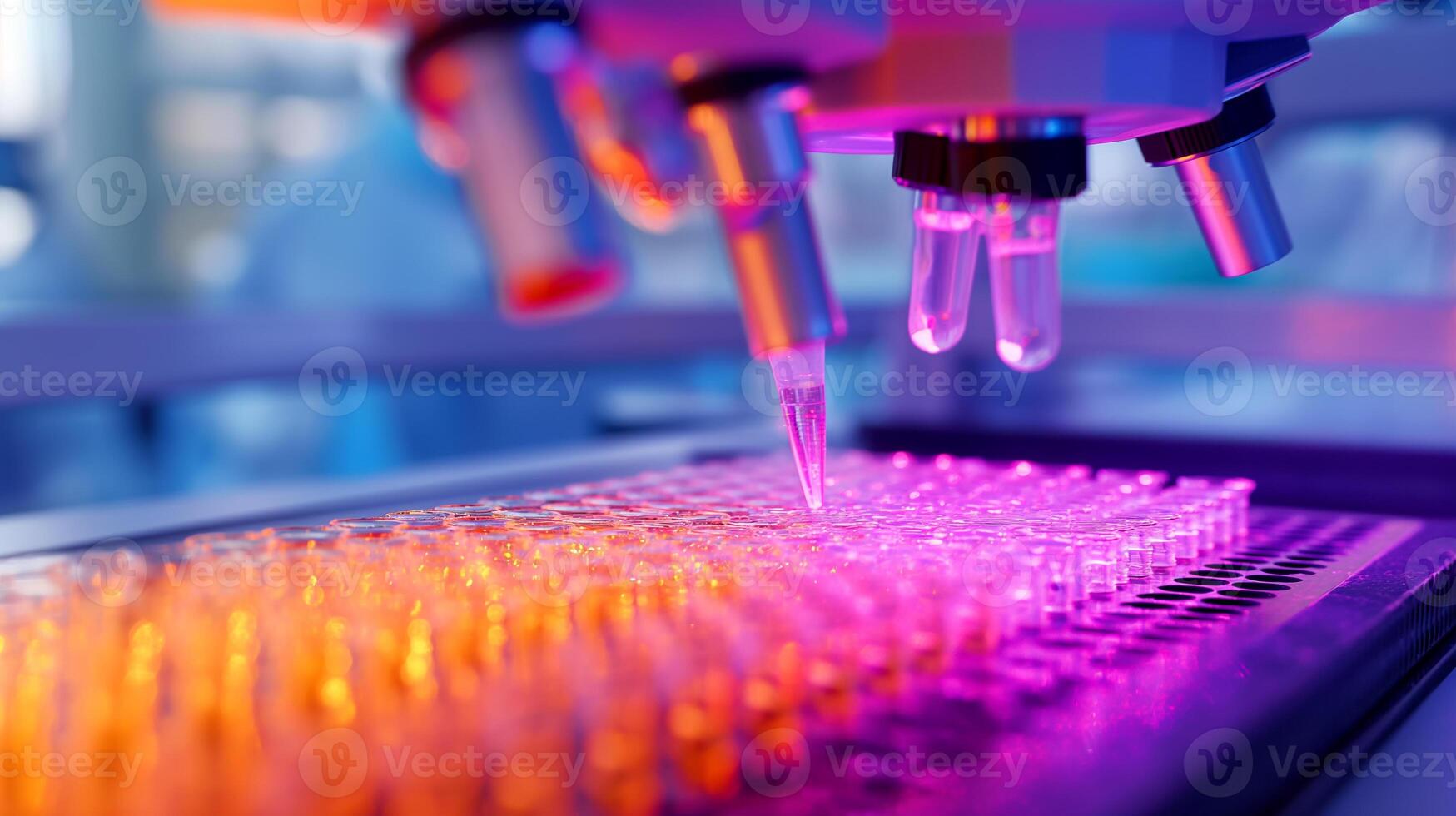 AI generated Close-up of an automated pipetting machine processing multiple samples in a genetic research laboratory with vibrant illumination. photo