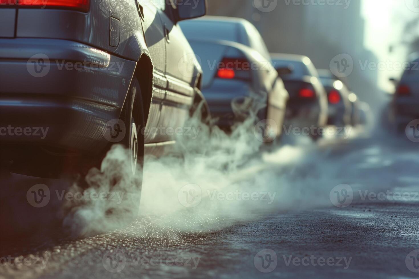 AI generated A queue of vehicles releasing exhaust fumes into the air, highlighting issues of air pollution and environmental concerns in urban settings. photo