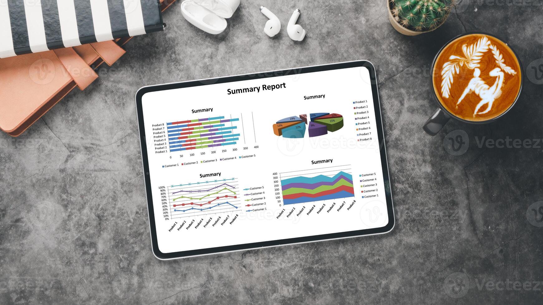 Business analytics concept, A digital tablet on a marble surface showing graphs and pie charts in a business summary report, alongside a coffee and earbuds. photo