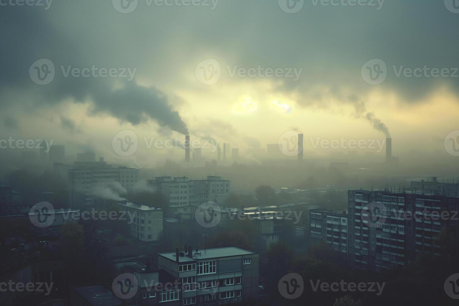 ai generado un paisaje urbano envuelto en niebla y industrial fumar, con fábrica chimeneas liberando emisiones dentro el temprano Mañana cielo. foto