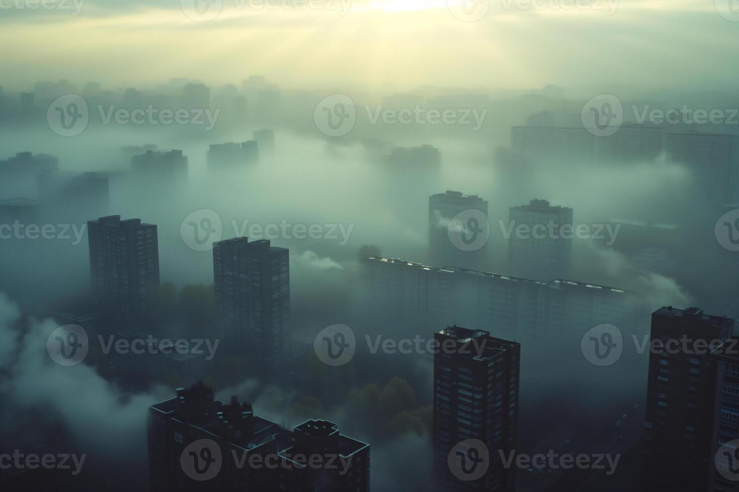 AI generated Early morning view of a city enveloped in dense fog with sunrays cutting through, highlighting the silhouettes of high-rise buildings. photo