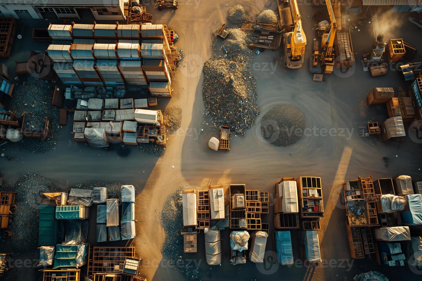 AI generated The warm glow of sunset bathes a vast storage yard filled with neatly stacked, baled recyclable materials, ready for processing. photo