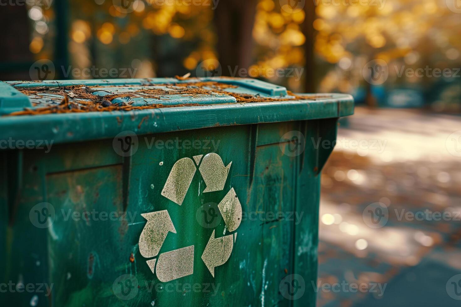 AI generated A green recycling bin bearing the universal recycling symbol, surrounded by fallen autumn leaves, highlights the importance of environmental responsibility. photo