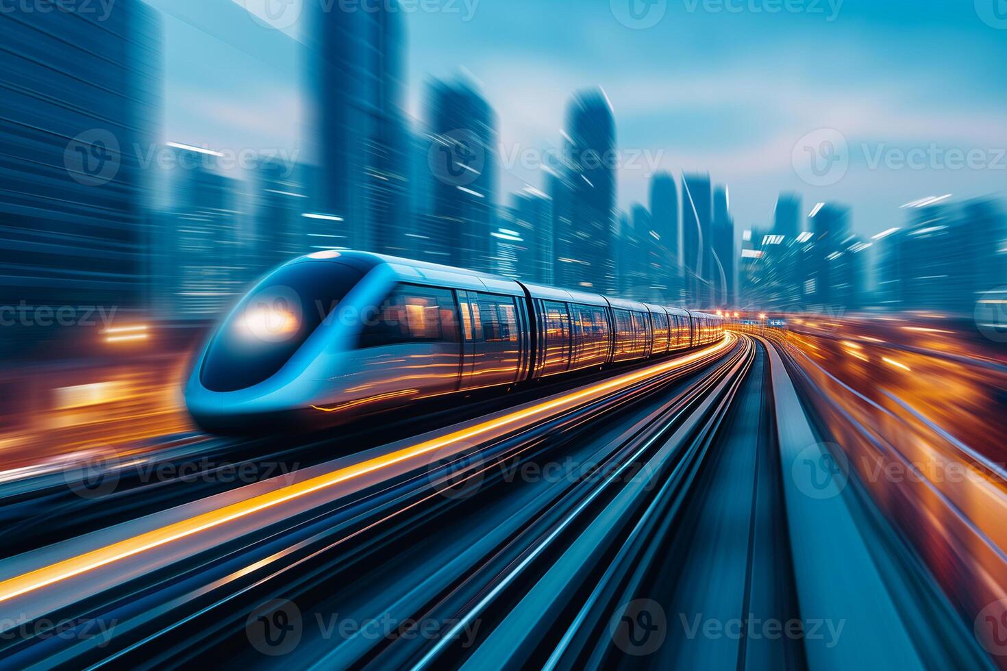 AI generated Transportation concept, A sleek futuristic train speeds along its track, cutting through a cityscape against the backdrop of a vibrant sunset sky. photo