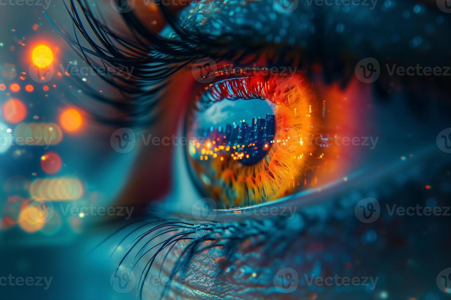 AI generated An extreme close-up of a human eye, capturing the detailed reflection of vibrant city lights within the iris. photo