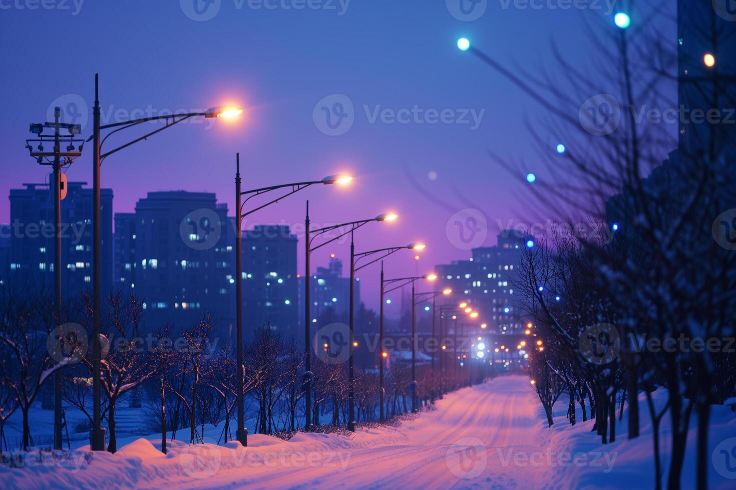 ai generado un sereno Nevado calle bañado en el crepúsculo resplandor con calentar calle luces líder hacia un distante urbano horizonte. foto