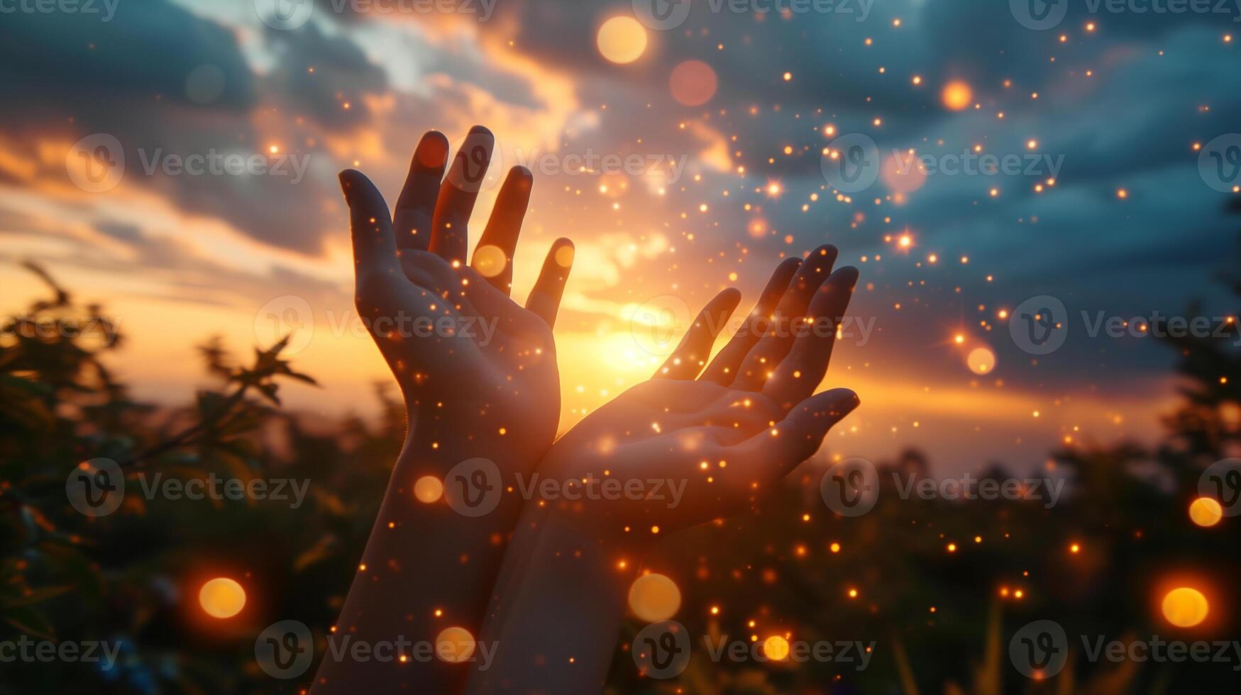 AI generated Open hands reaching towards a mesmerizing sunset, with particles of light floating around, creating a sense of magic and wonder. photo