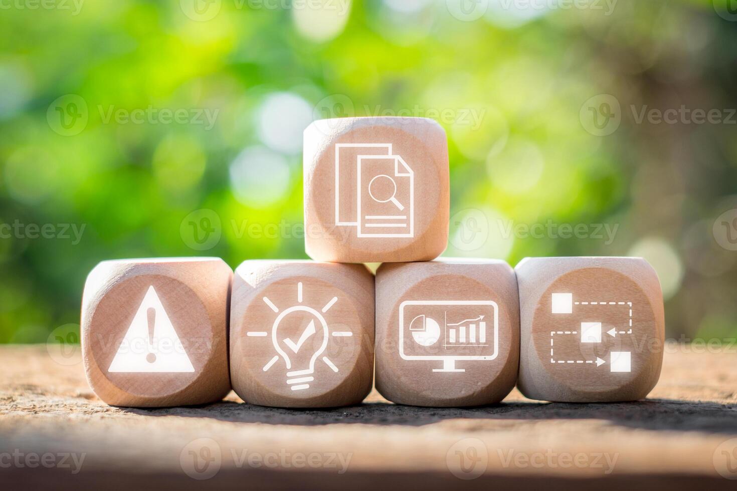 Case study concept, Wooden block on desk with case study icon on virtual screen. photo