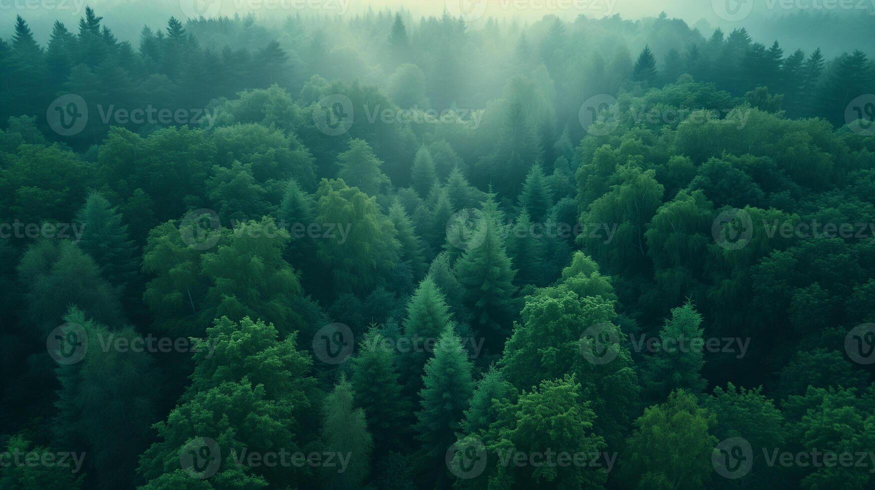 AI generated Aerial view of a dense green forest shrouded in mystical fog, with the treetops creating a tranquil and ethereal landscape. photo