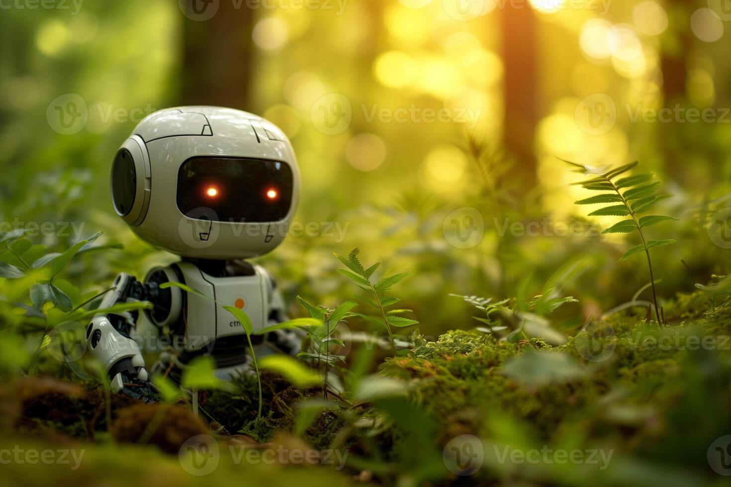 ai generado ambiente concepto, un caprichoso amarillo robot examina un brotante planta en un lozano bosque, un encantador escena de tecnología interactuando con naturaleza. foto