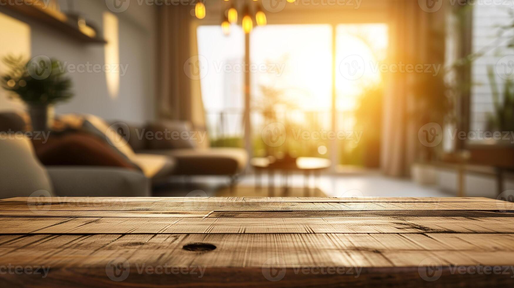 AI generated Cozy modern living room interior bathed in the warm glow of the sunset, focusing on a wooden table surface. photo