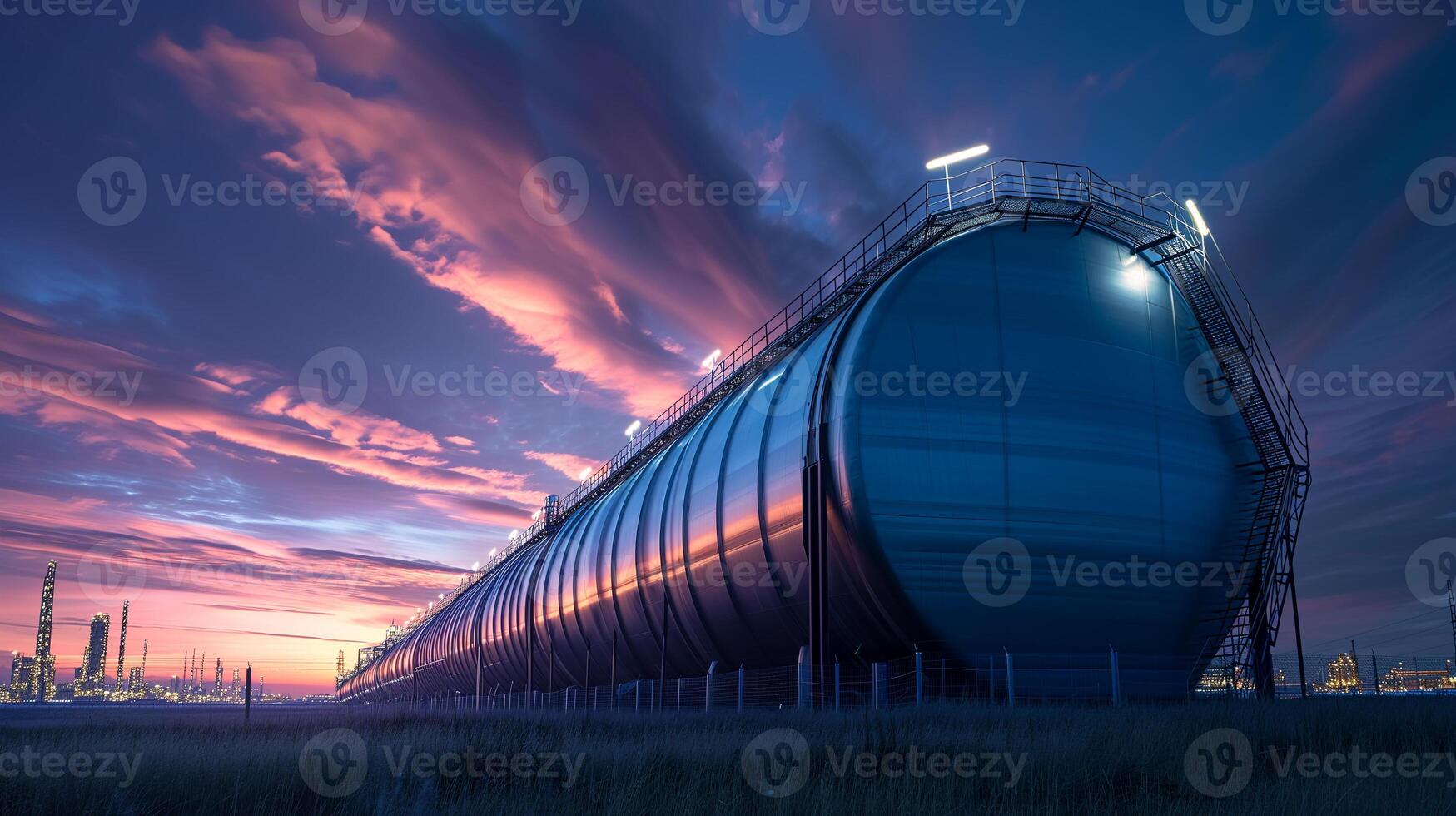 AI generated A large industrial fuel storage tank stands prominently under a strikingly colorful sunset sky, with petrochemical plant lights in the distance. photo