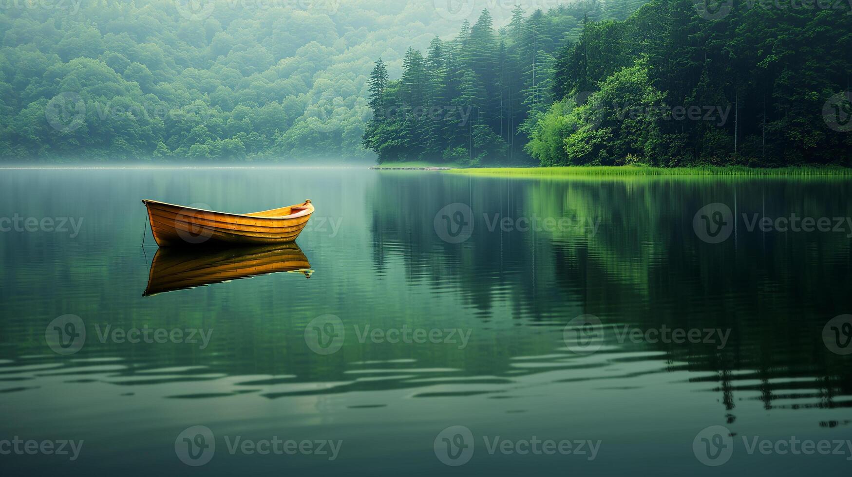 AI generated A single wooden boat floats on a serene lake surrounded by a dense green forest in a tranquil morning setting. photo