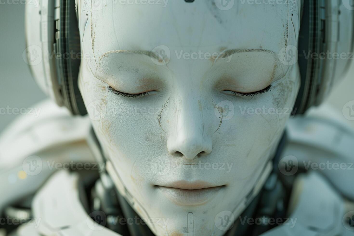 AI generated Highly detailed close-up of a humanoid robot's face with eyes closed, conveying a sense of calm and advanced artificial intelligence. photo