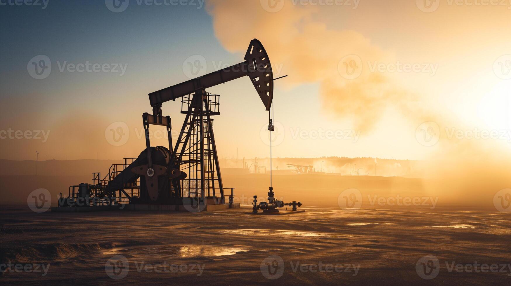 AI generated Silhouette of a functioning oil pump jack in a desert with a warm sunset backdrop, illustrating energy production and extraction processes. photo