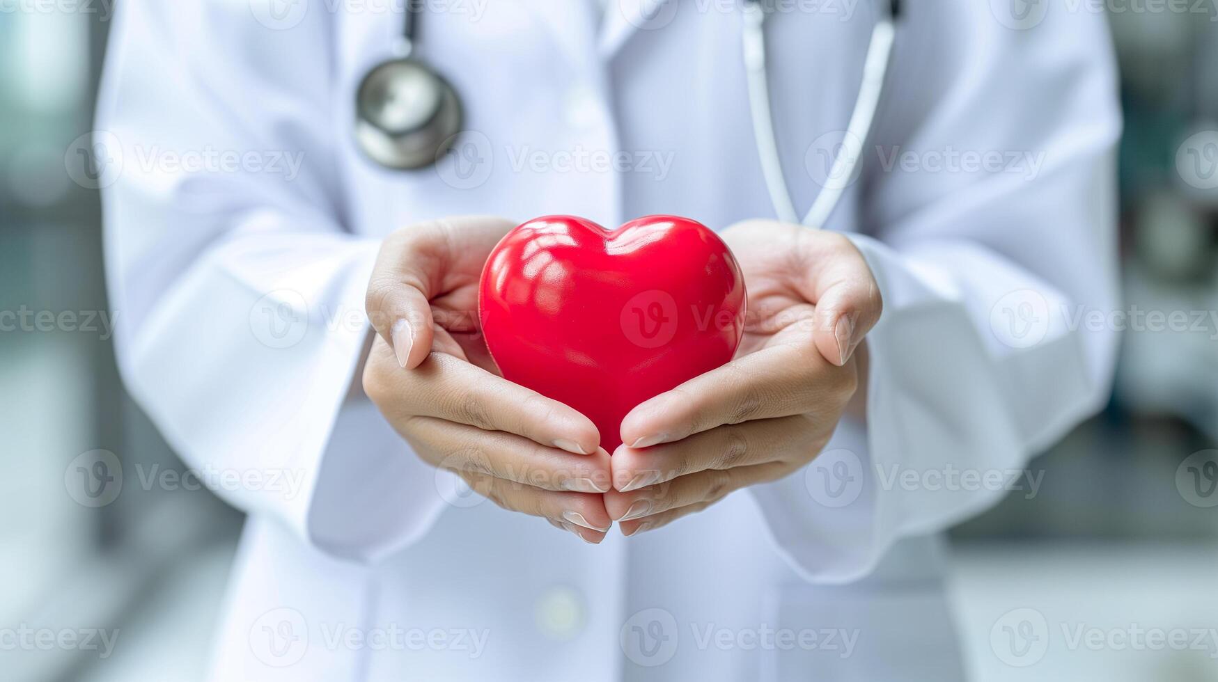 ai generado un cuidado de la salud profesional en un blanco Saco con un estetoscopio sostiene un rojo corazón, representando médico cuidado y compasión. foto