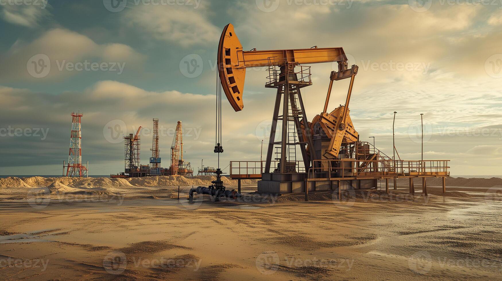 AI generated Multiple oil pump jacks and drilling rigs in a desert oil field, with dynamic sky at dusk, depicting energy industry operations. photo