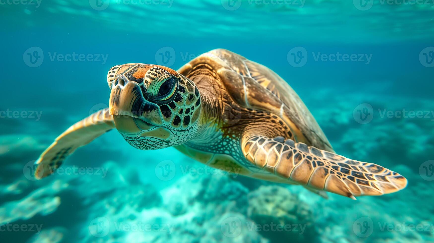 AI generated A majestic sea turtle glides through the clear blue waters of the ocean, showcasing its intricate shell pattern and calm demeanor. photo