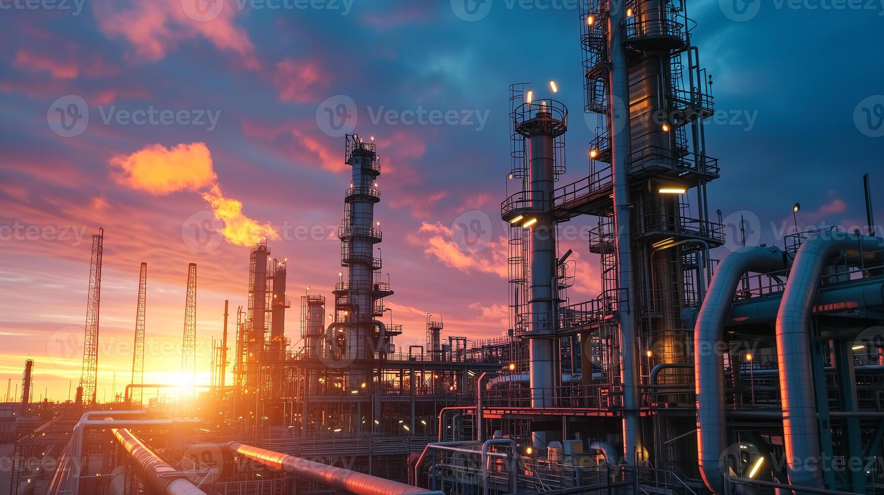 AI generated An oil refinery with towering distillation columns and flaring stack against a dramatic sunset sky, depicting industrial energy production. photo